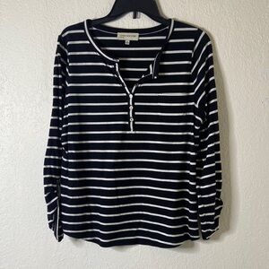 Jones New York Women's Navy and White Striped Button Down Shirt